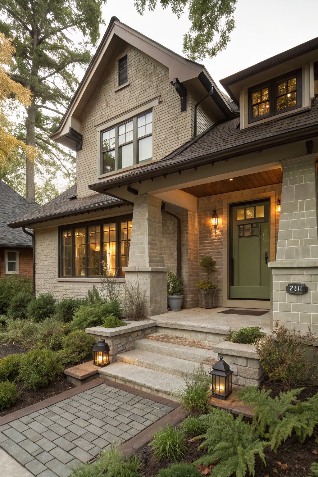 Soft greige siding on the exterior of a modern house with stone and brick accents.