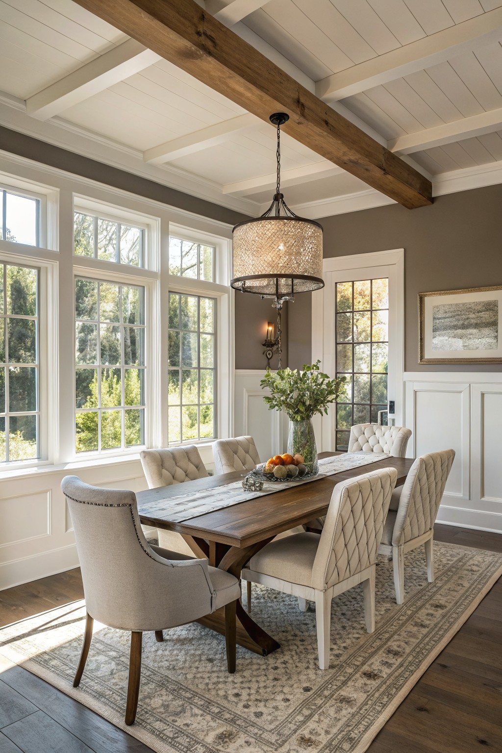 Dining room walls painted in a soft greige with white trim and wood accents.