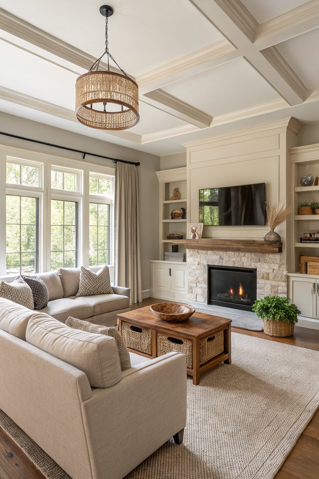 Light greige walls in a living room with white trim and a stone fireplace.
