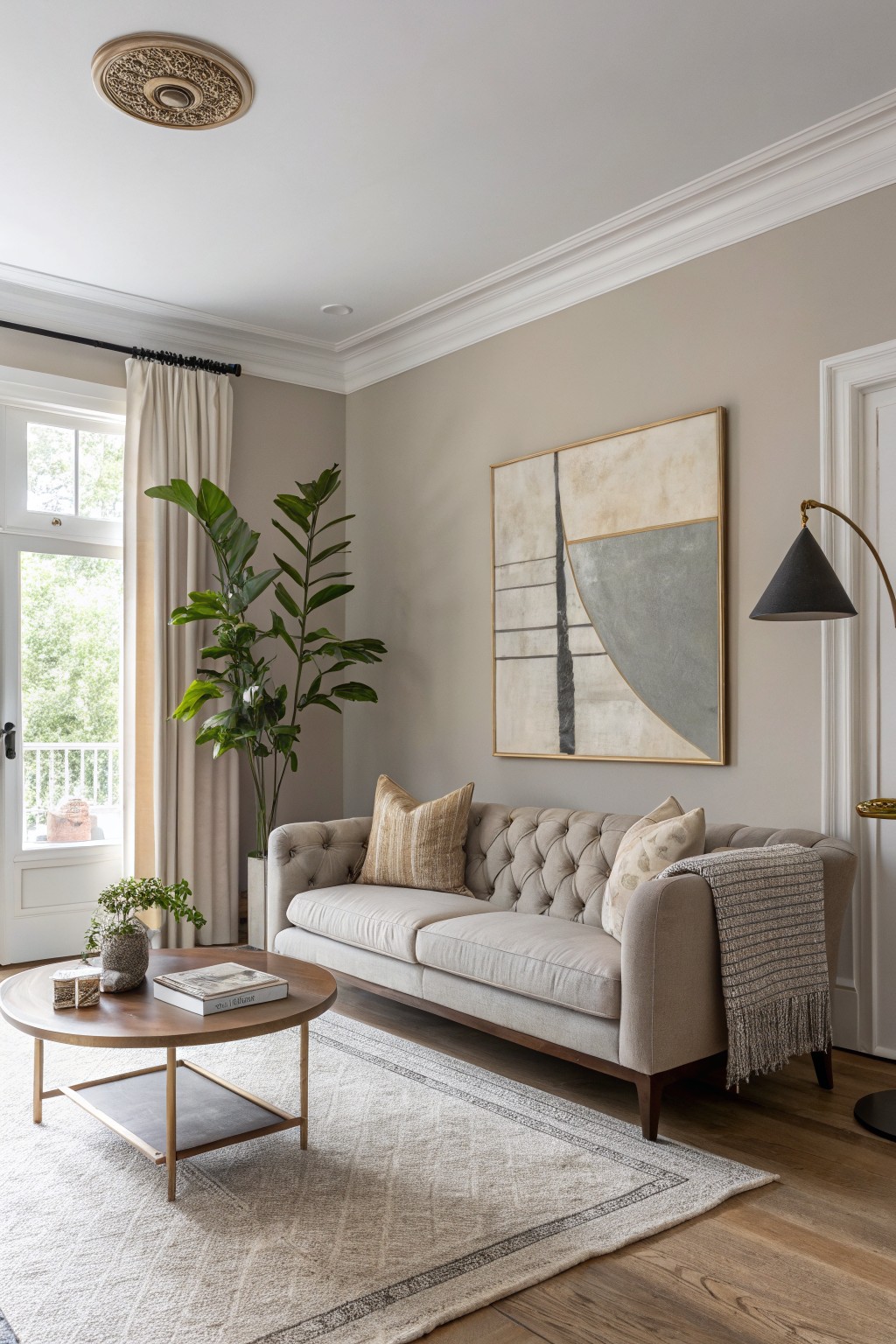 Light greige walls in a living room with wood floors and a neutral sofa.