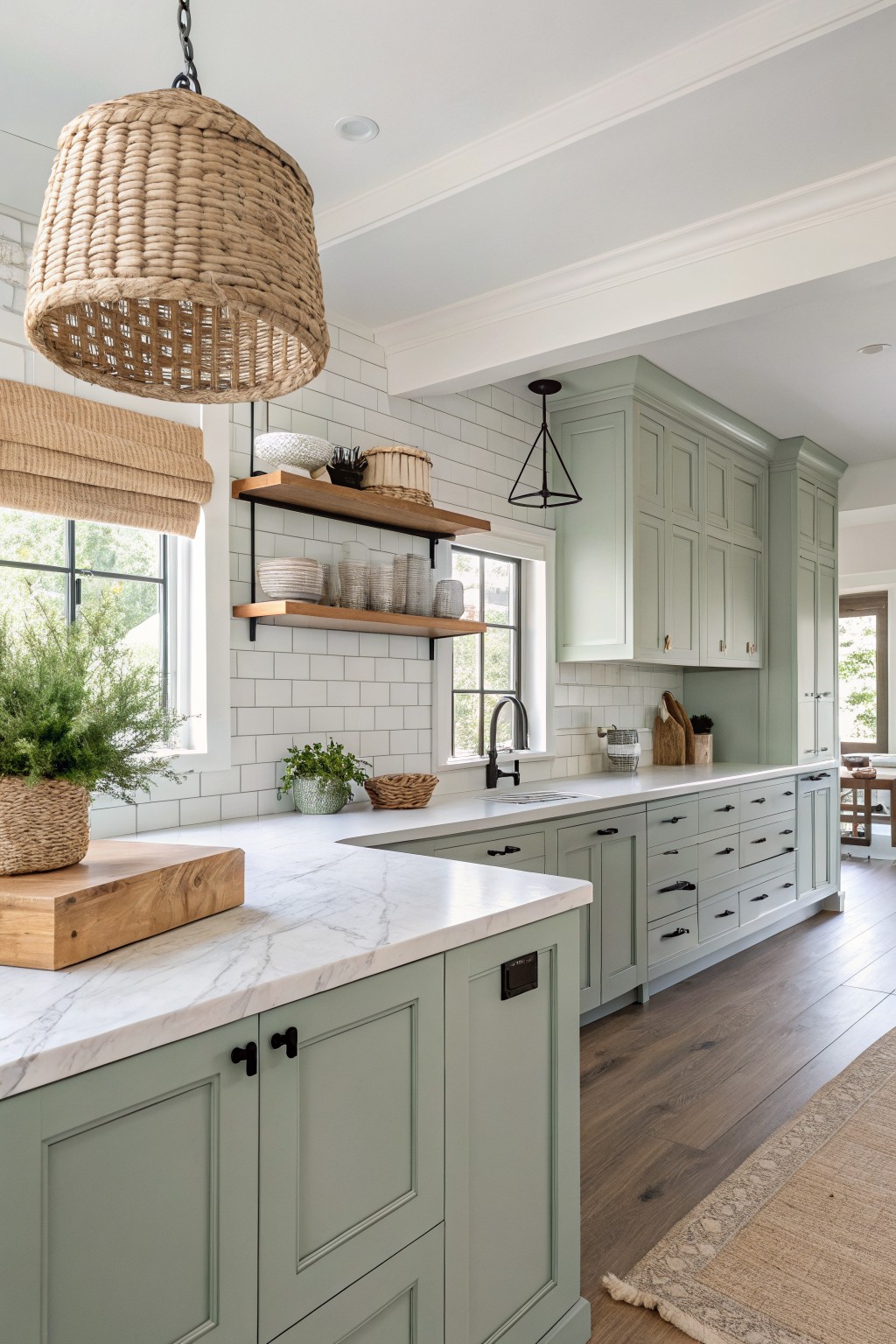 Modern kitchen featuring light green cabinets, marble countertops, and natural woven elements.