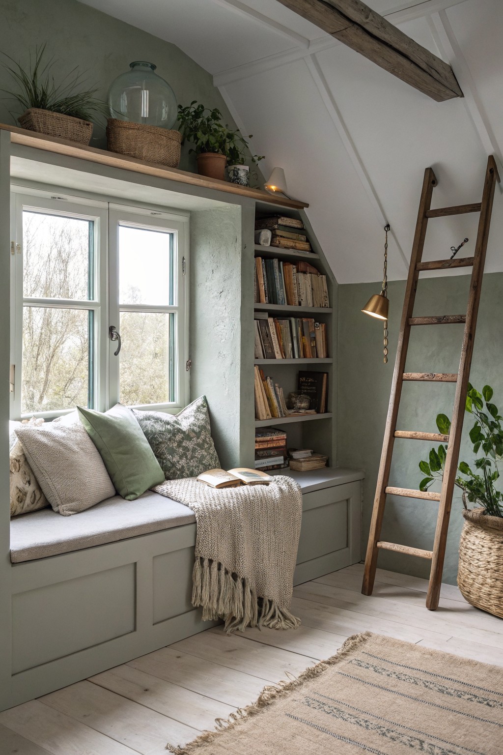 Cozy nook with green accents, bookshelves, plants, and a wooden ladder.