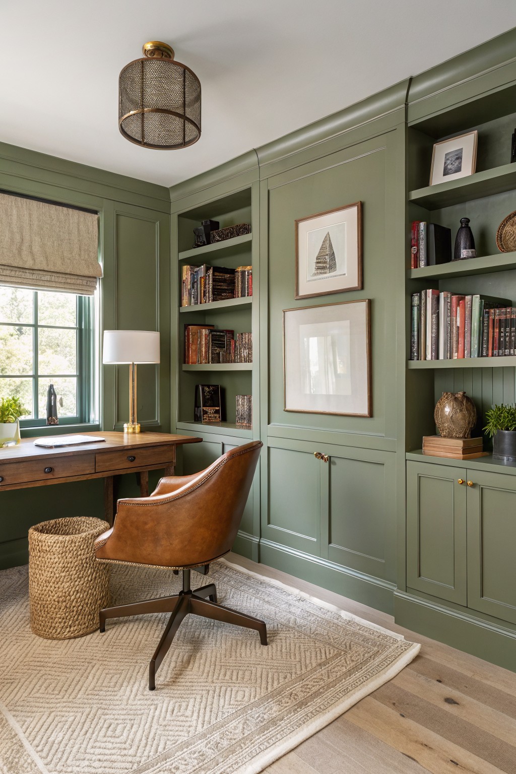 Sage green walls and built-in cabinetry in a home office with wood flooring and a desk.