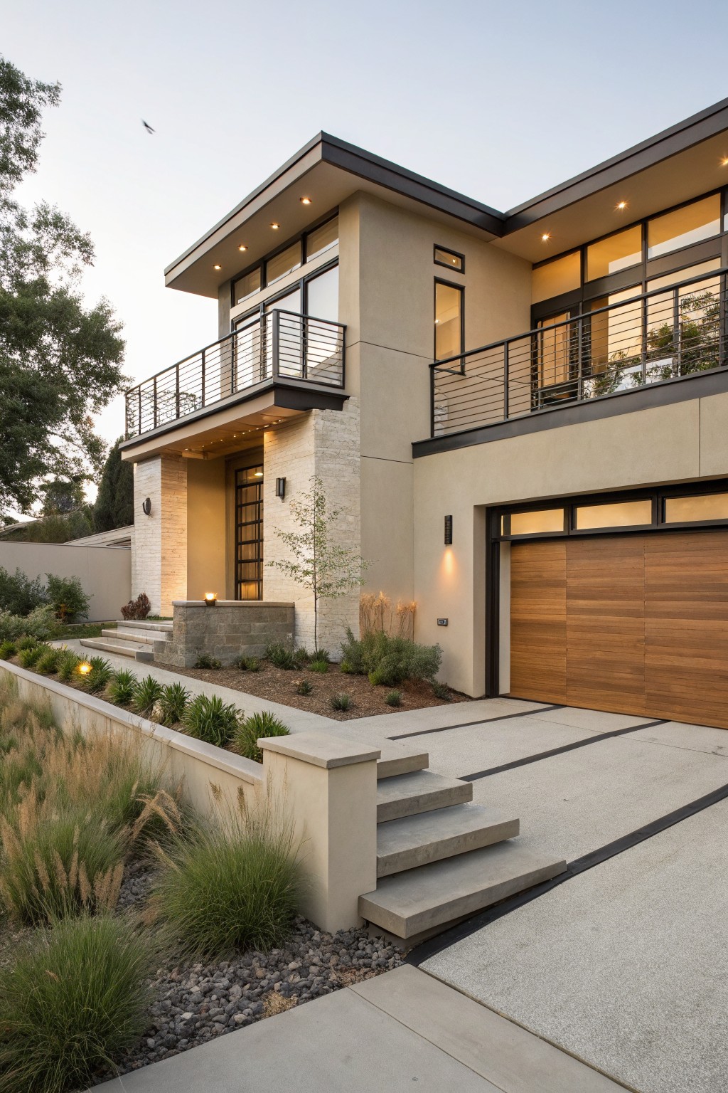 Modern home exterior with soft warm beige siding and wood garage door.