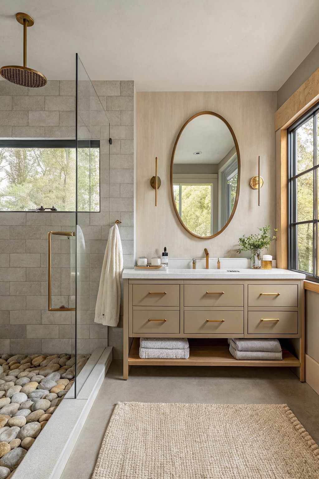 Modern bathroom featuring a glass shower, stone floor, and elegant vanity with gold accents.