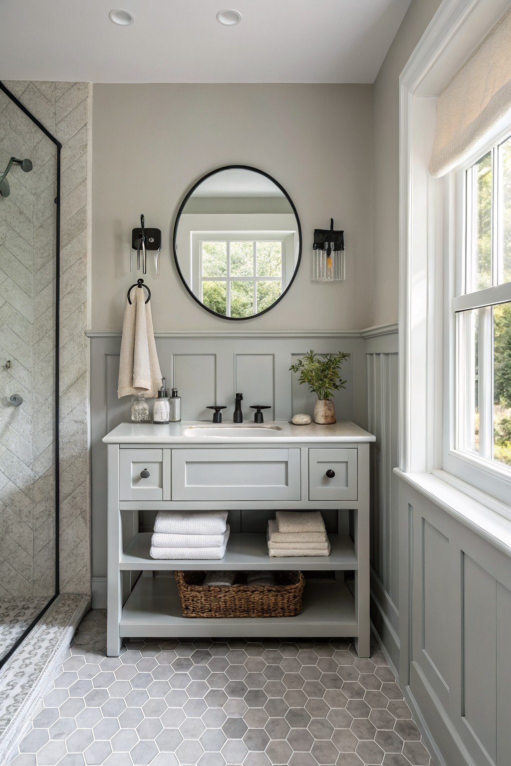 Bathroom with soft warm gray walls and wainscoting.