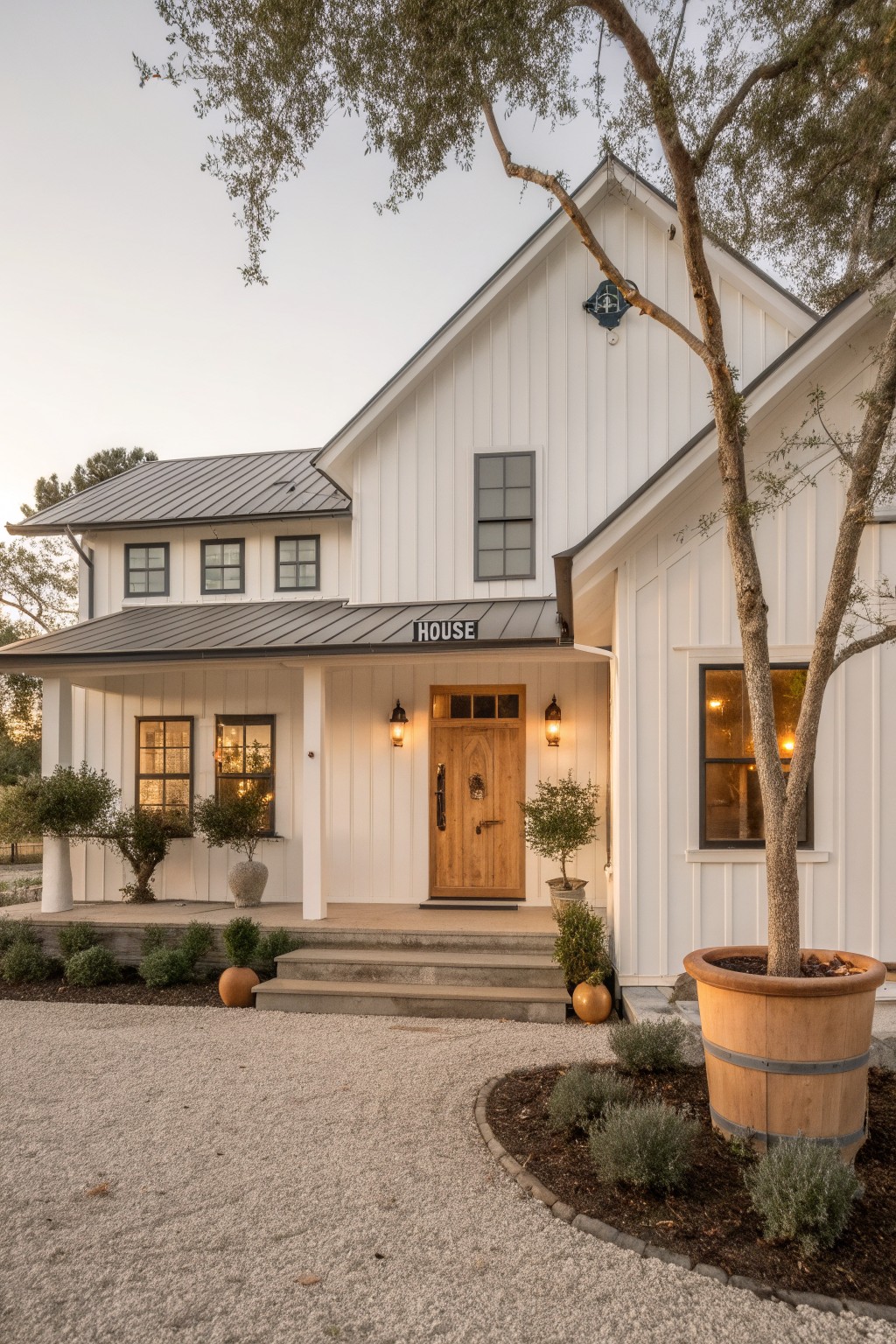 White vertical siding on a modern house exterior with a covered porch.