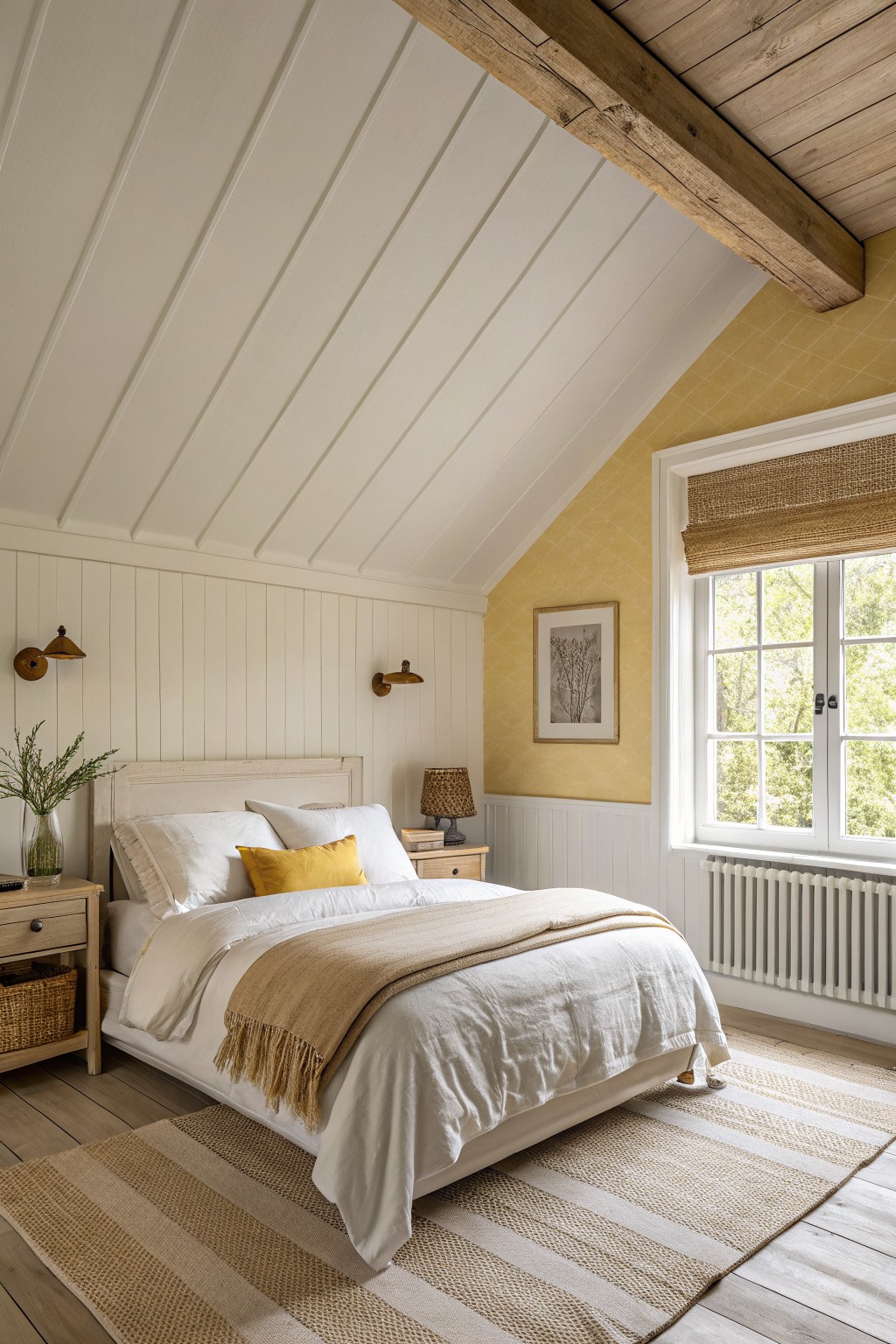 A bedroom with soft yellow walls, white wainscoting, and a wooden ceiling beam.