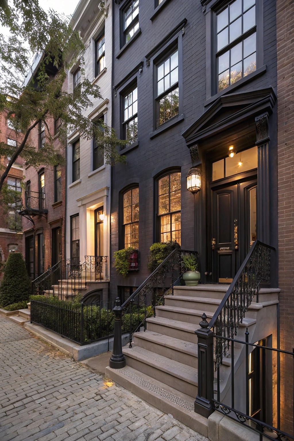 A dark charcoal gray painted townhouse exterior with black trim and stone steps.