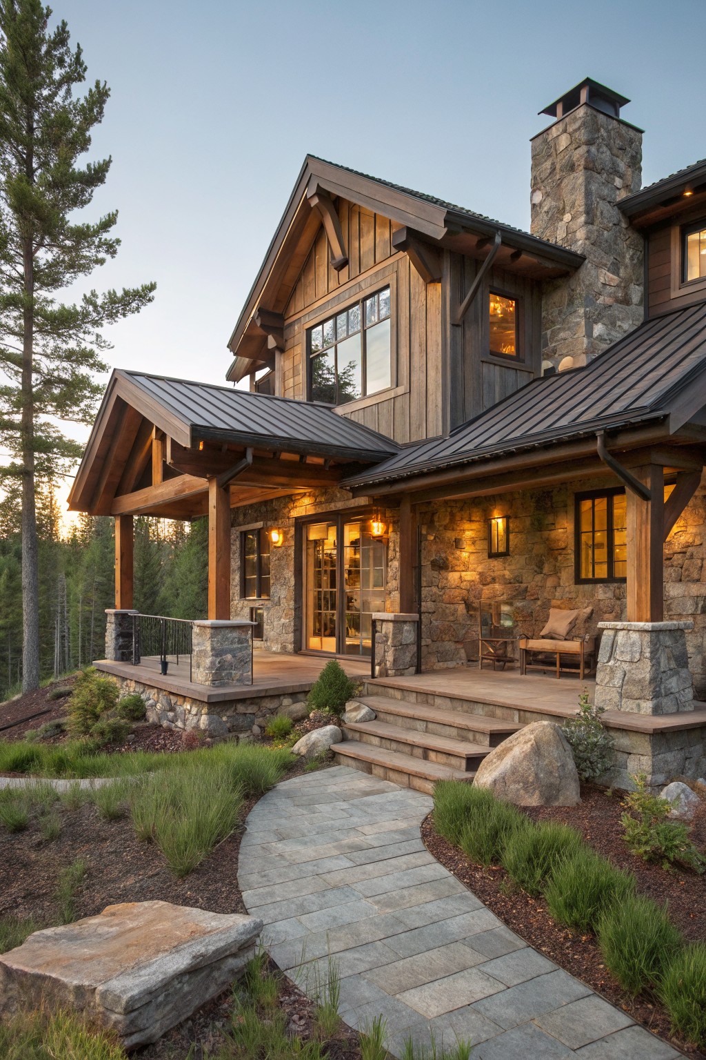 A house exterior with deep charcoal gray wood siding next to stone walls.