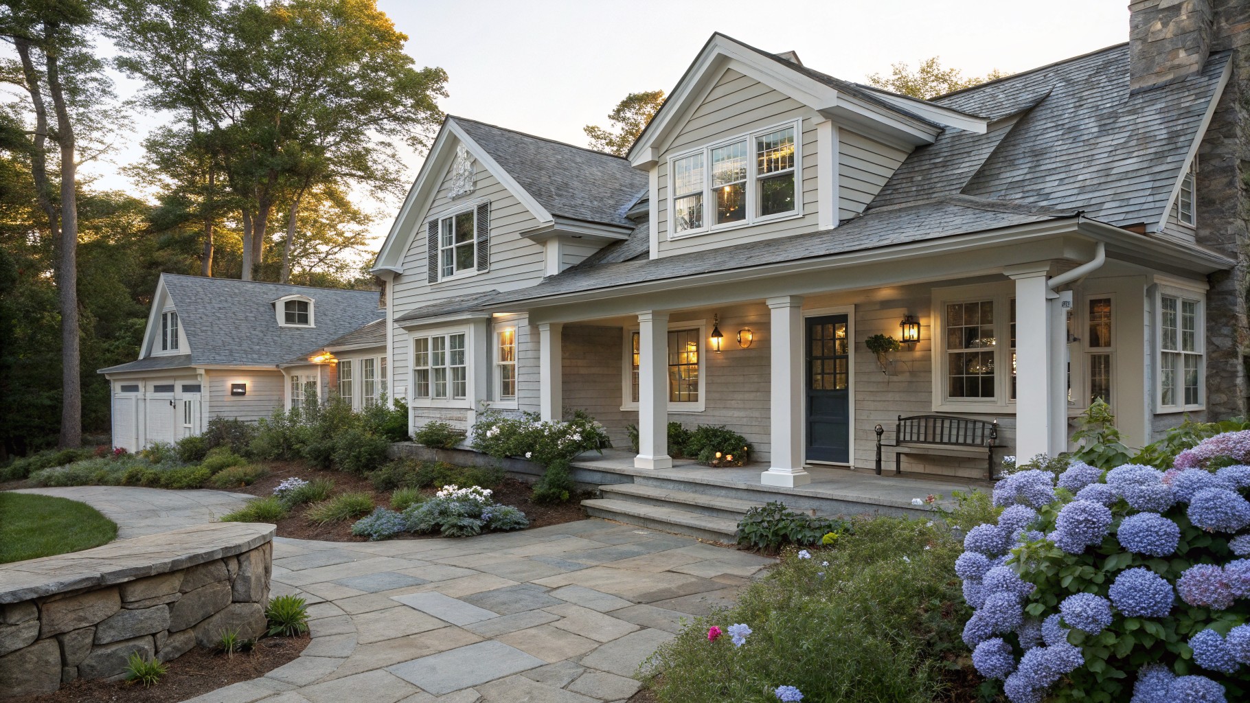 A house exterior painted in soft gray siding with white trim and columns.