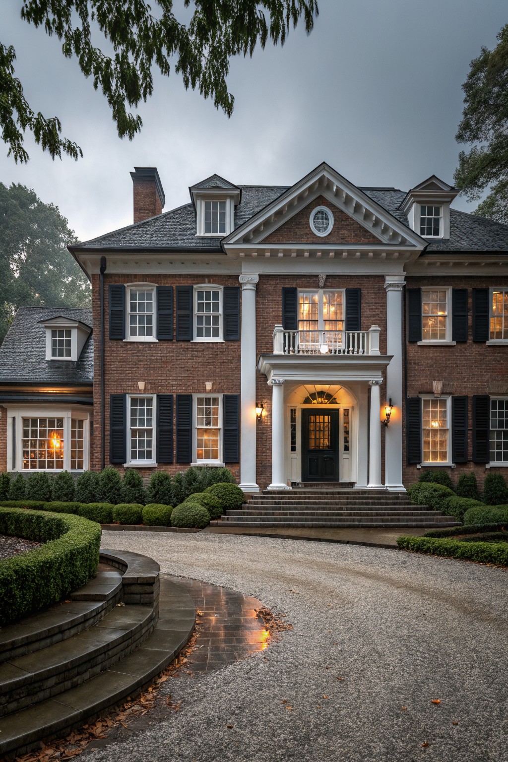 A brick house exterior with light gray painted trim and columns.