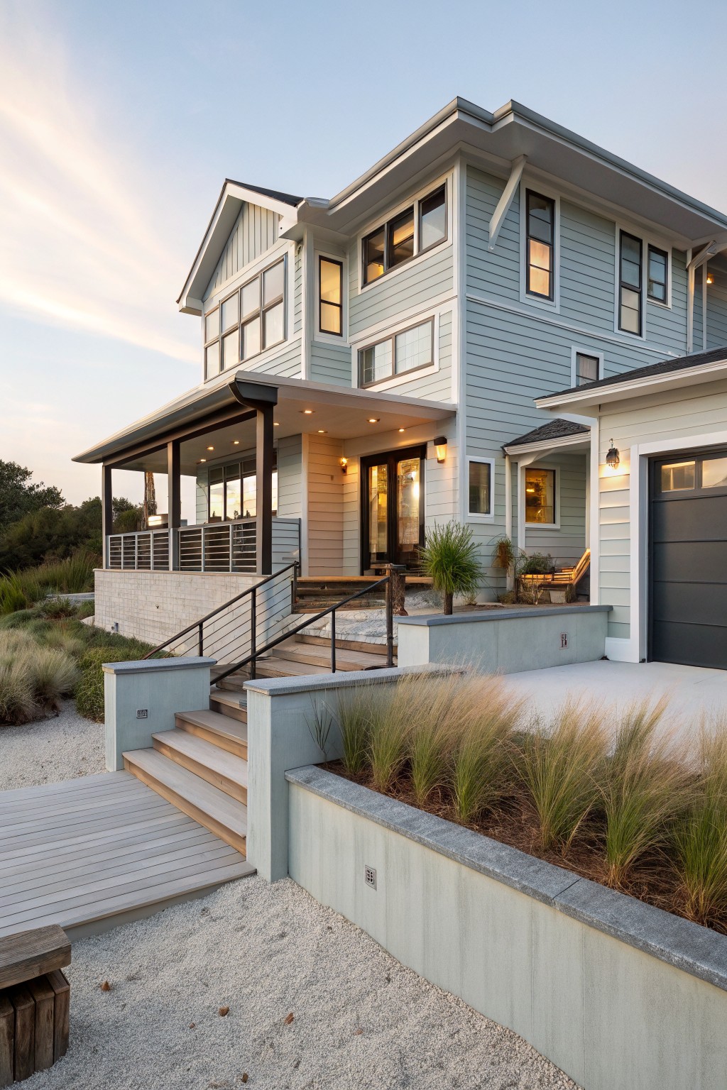 Light blue gray house siding with white trim on an exterior home.