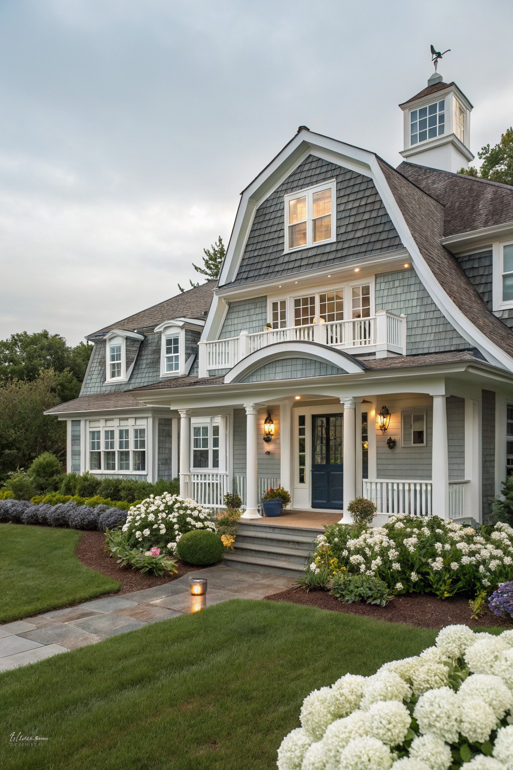 A house exterior painted in a soft blue gray with white trim and a dark roof.