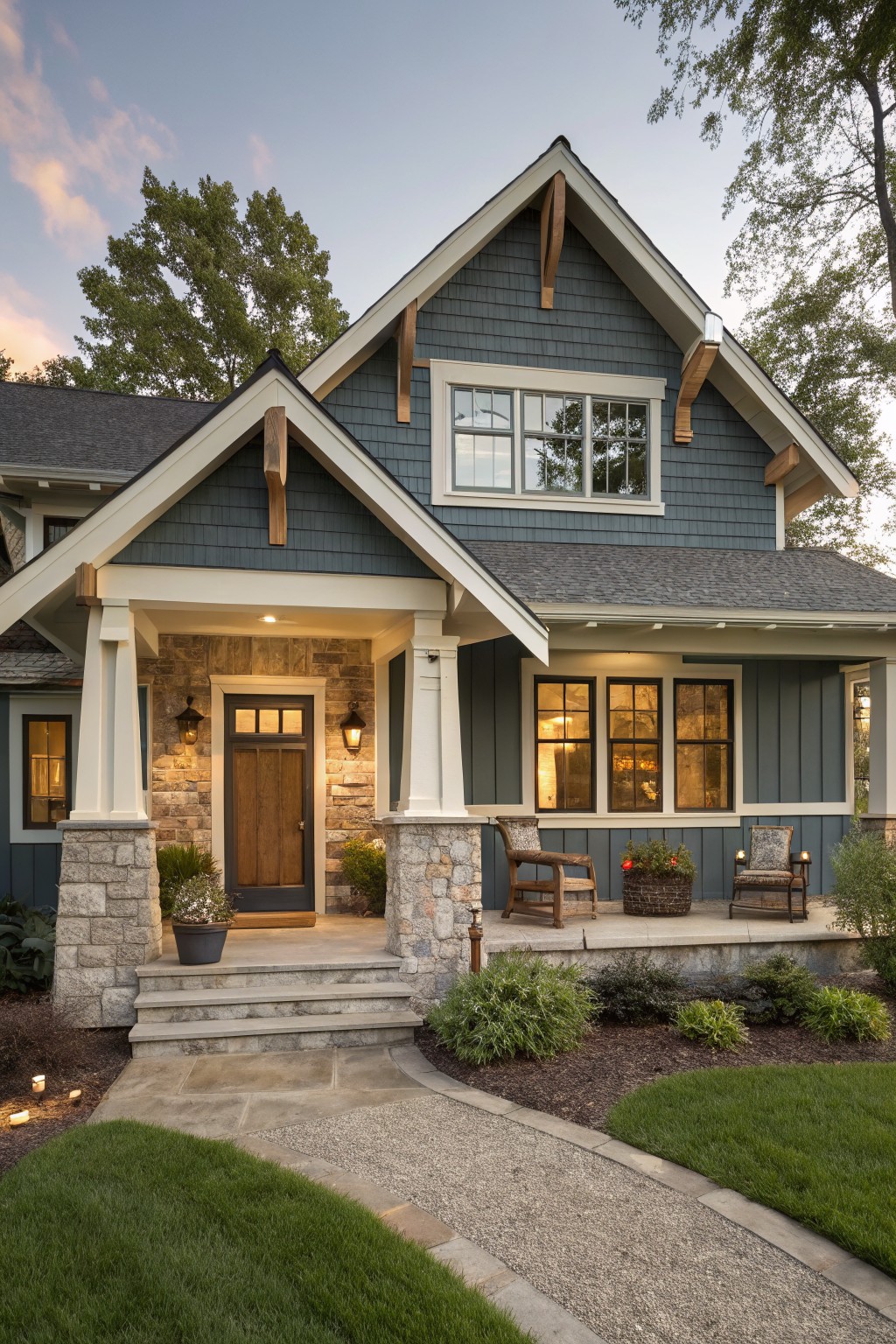 A house exterior with soft blue gray siding and a stone porch.