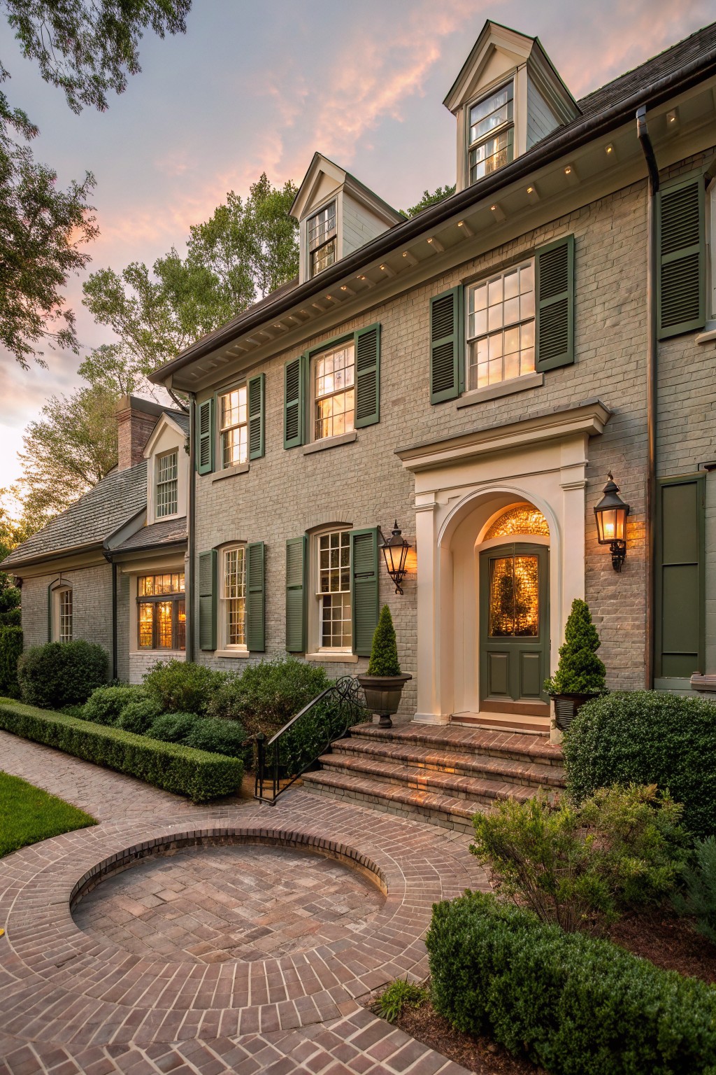 A two-story house with soft gray brick siding and green shutters.