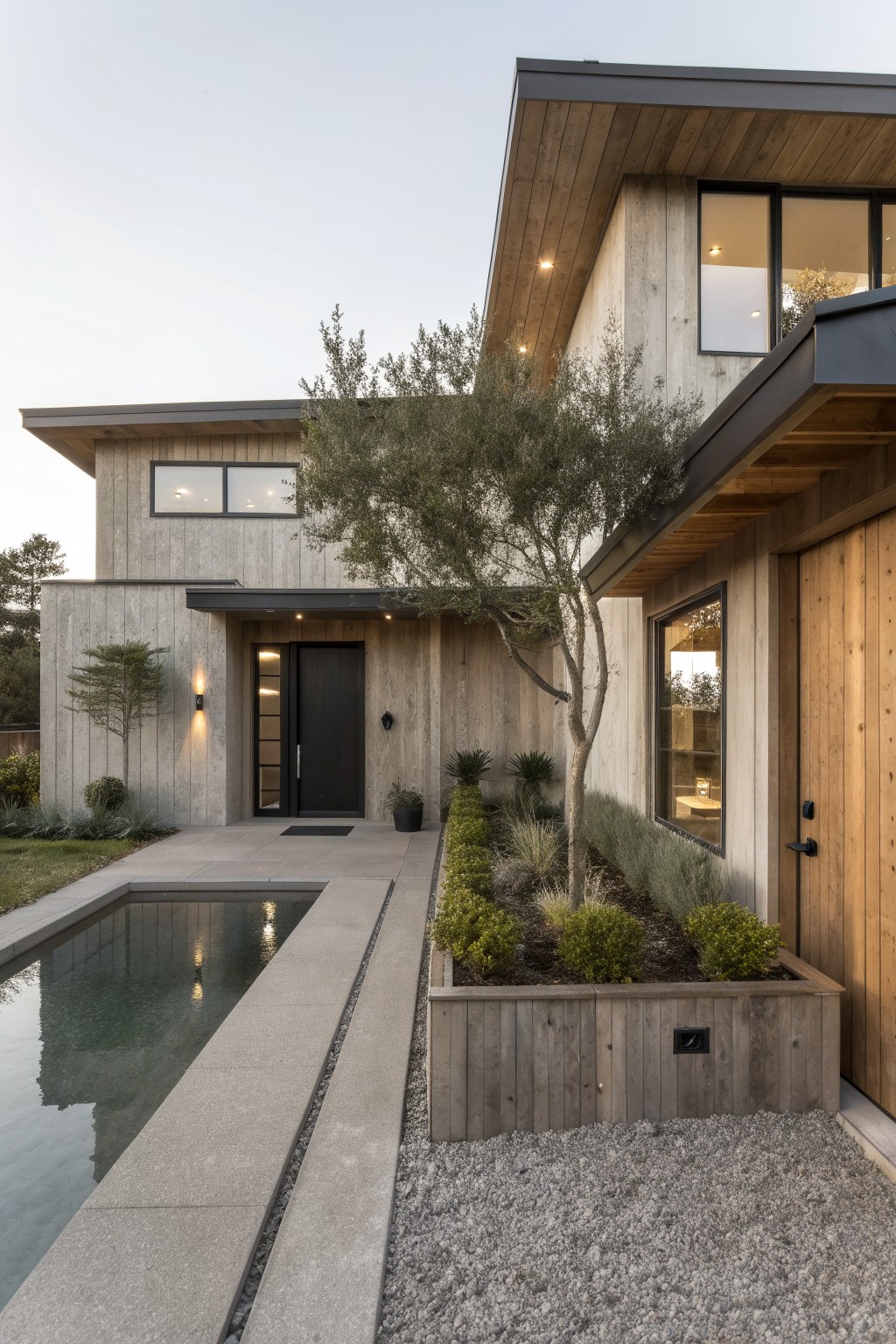 Modern house exterior with light gray wood siding and black-framed windows.