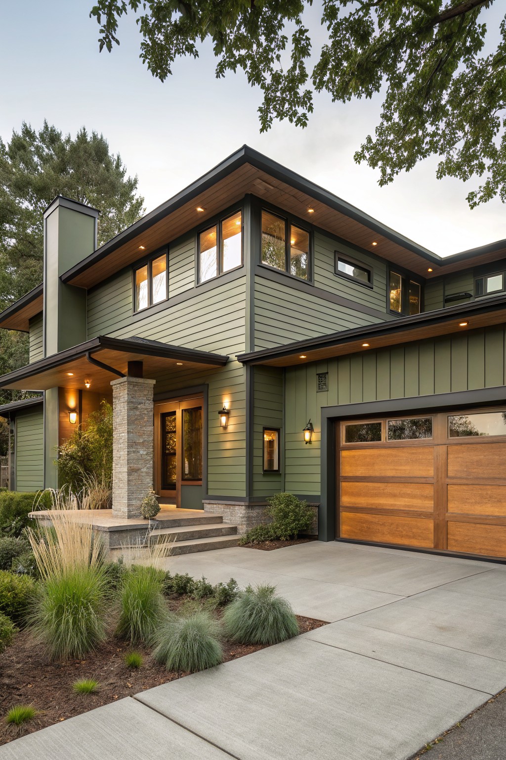 A house exterior painted in soft sage gray siding with wood accents.