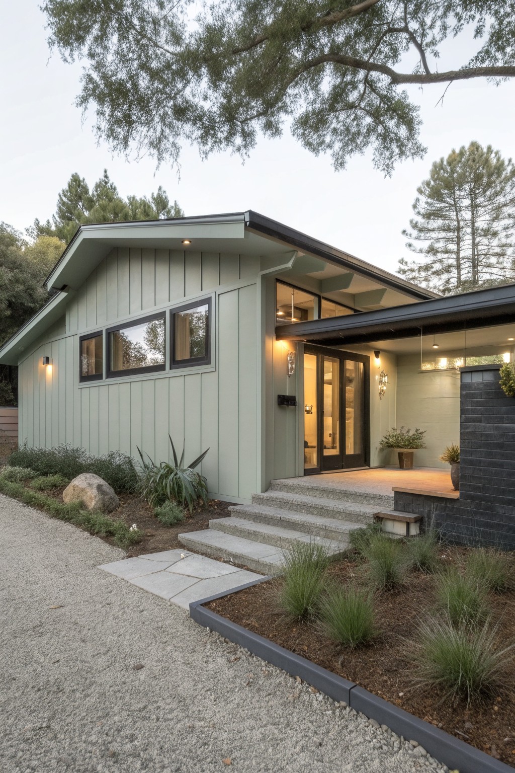A house exterior painted in soft sage gray siding with dark trim and concrete steps.