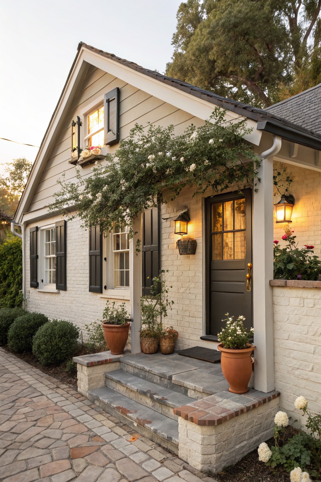 Light warm gray siding on a house with stone steps and dark trim.