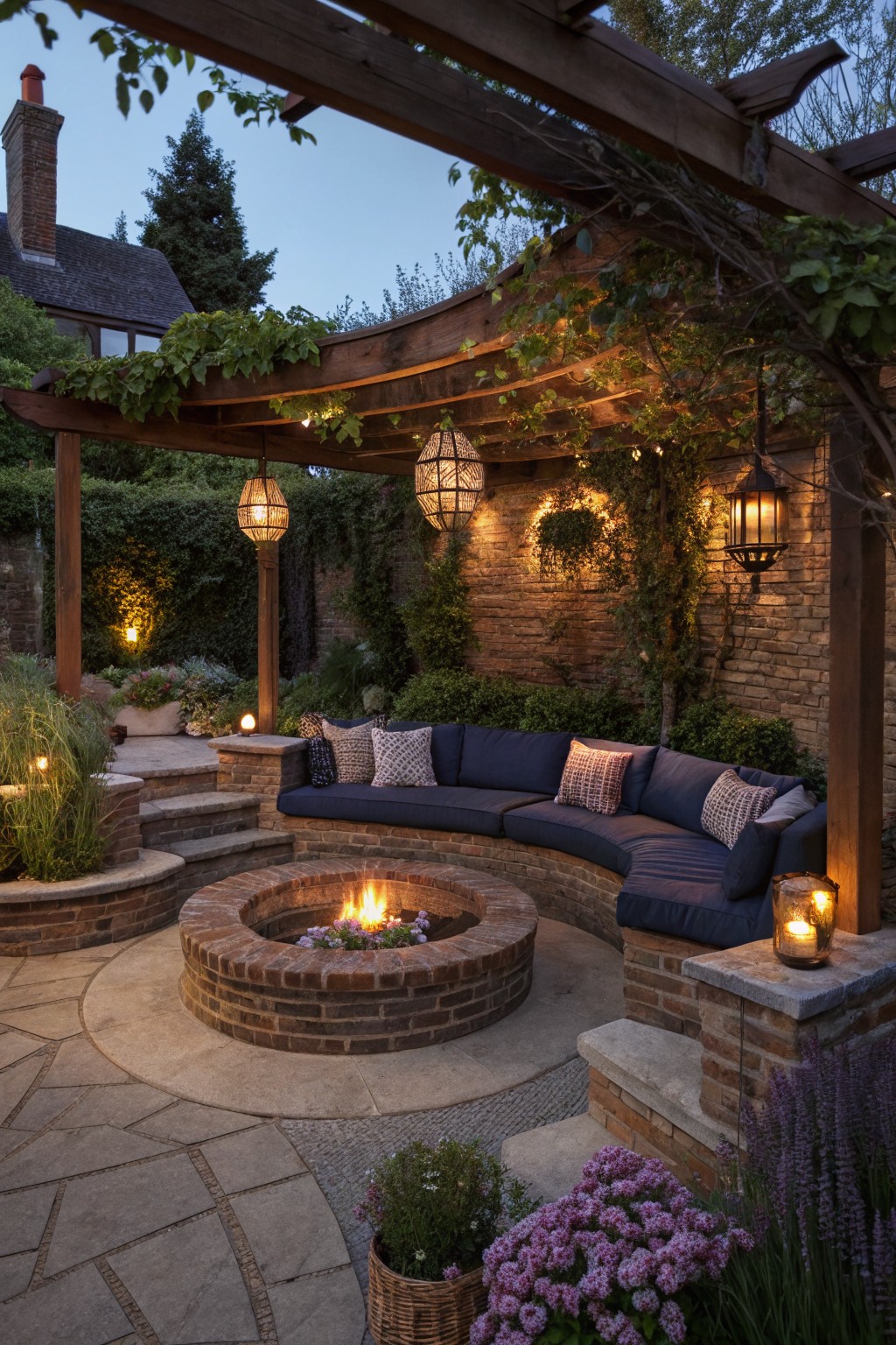 Backyard patio with a circular brick fire pit surrounded by built-in curved navy bench seating under a wooden pergola covered in vines, lit by hanging lanterns and candles amid plants and stone paths.