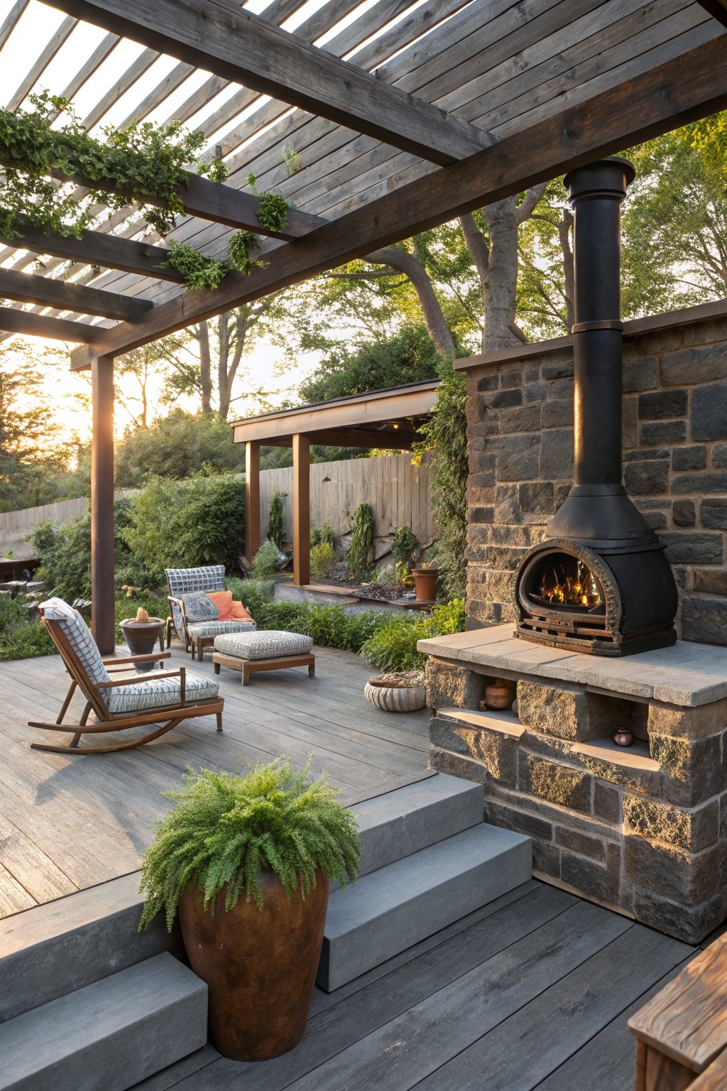 Wooden deck patio under an open pergola with climbing vines, featuring two upholstered rocking chairs, patterned pillows, ottoman, side table, potted plants, and a black metal wood-burning stove with visible flames built into a low stone platform and wall.