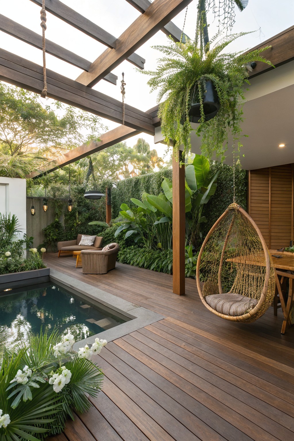 Wooden deck surrounding a small dark-water plunge pool in a lush tropical backyard, with lounge seating, a hanging rattan egg chair, wooden pergola overhead, and various potted and planted greenery.