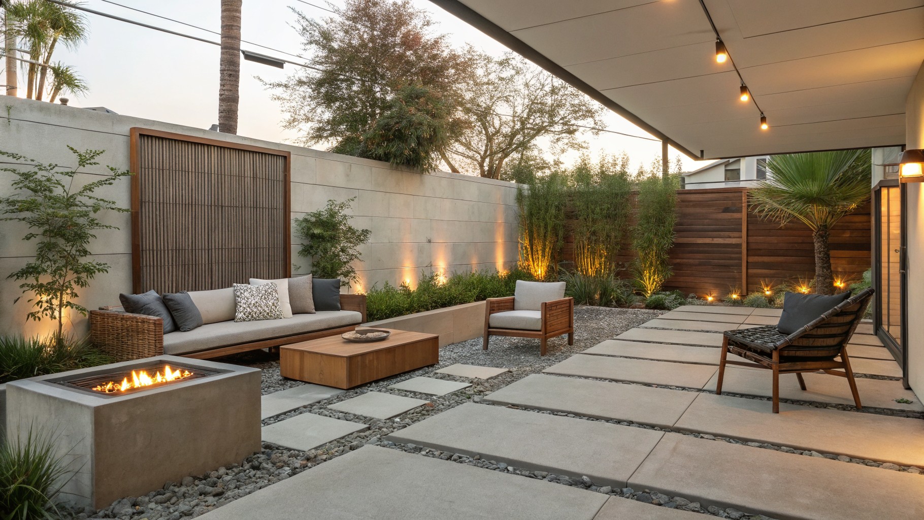 Backyard patio at dusk with rectangular concrete fire pit, adjacent bench and two armchairs, large concrete pavers separated by gravel, low plants, wooden fence, and string lights.