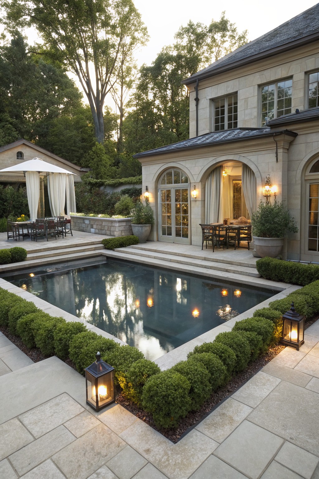 Stone patio surrounding a rectangular dark pool edged by manicured boxwood hedges, with lanterns, raised dining areas, potted plants, and arched doors on a beige stone house exterior amid trees.