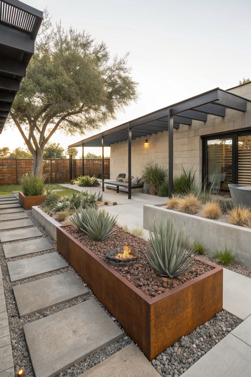 Backyard concrete pathway lined with a rectangular corten steel raised planter containing agave plants, gravel, and a central fire pit, adjacent to drought-tolerant grasses and leading to a covered bench seating area by a stucco house wall.