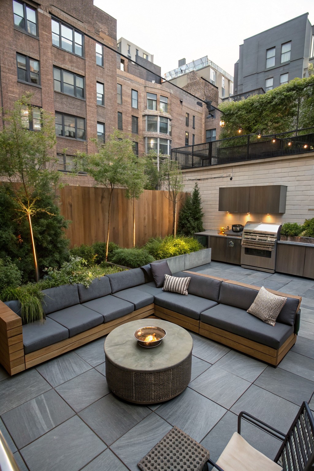 Urban backyard patio with dark gray L-shaped sectional sofa surrounding a round stone fire pit table on gray tile floor, next to wooden outdoor kitchen with grill and cabinets, plants along wooden fence, and surrounding brick buildings.
