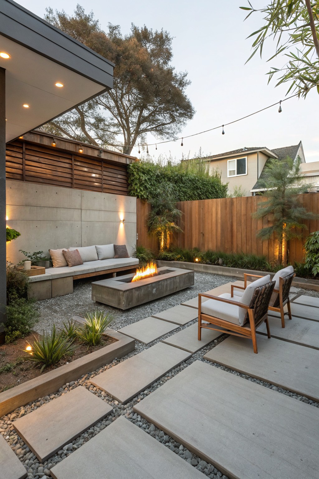 Backyard patio at dusk with rectangular concrete fire pit, adjacent bench and two armchairs, large concrete pavers separated by gravel, low plants, wooden fence, and string lights.
