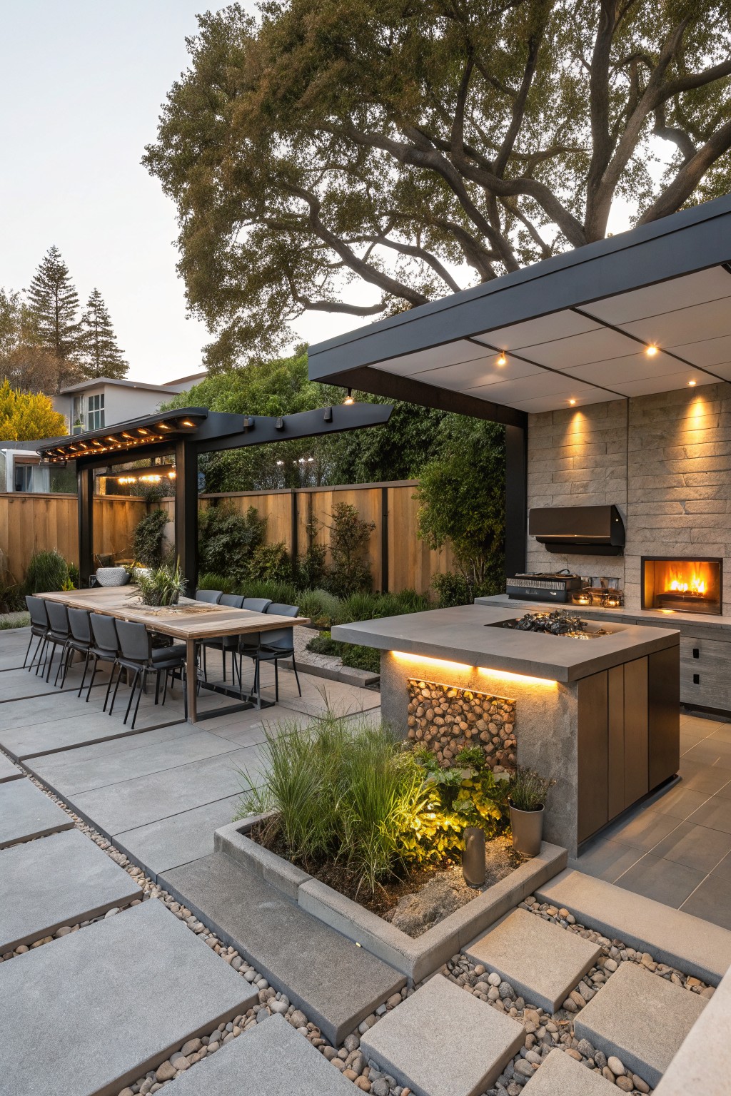 Backyard patio with modern gray concrete outdoor kitchen island featuring built-in linear fire pit, stacked stone accent, adjacent long wooden dining table with black chairs, under black metal pergola with lights, surrounded by pavers, plants, and gravel paths.