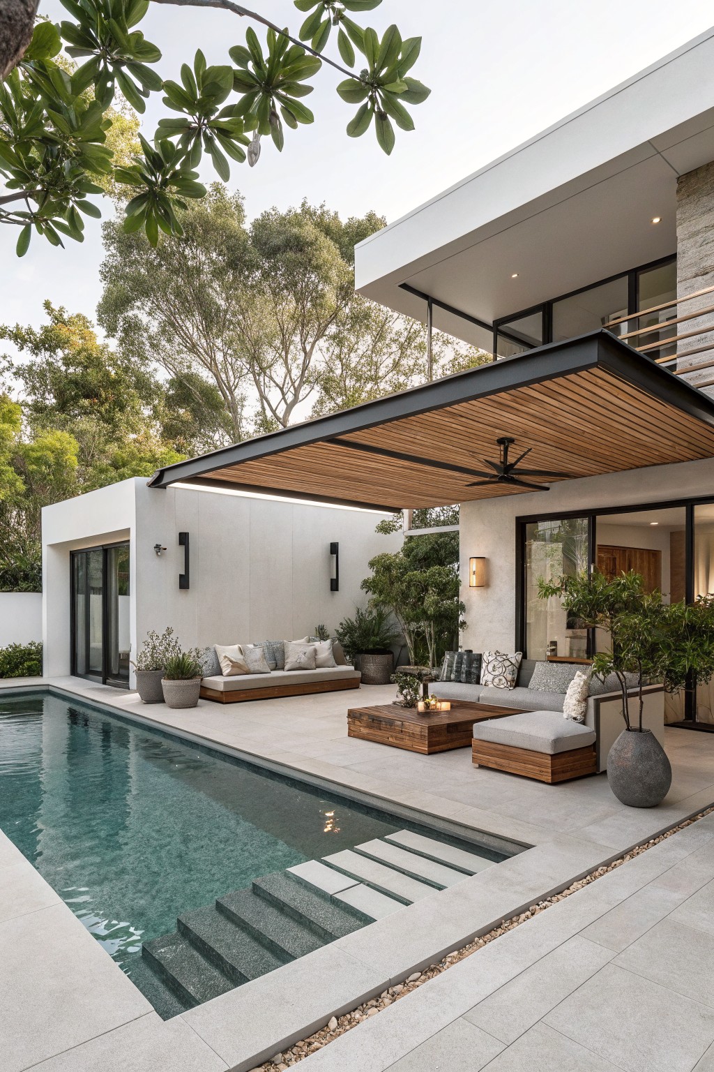 White modern house with black-framed windows beside a rectangular pool, shaded by a black steel and wooden slat pergola over a stone patio with beige L-shaped sofa, wooden coffee table, and large potted plants.