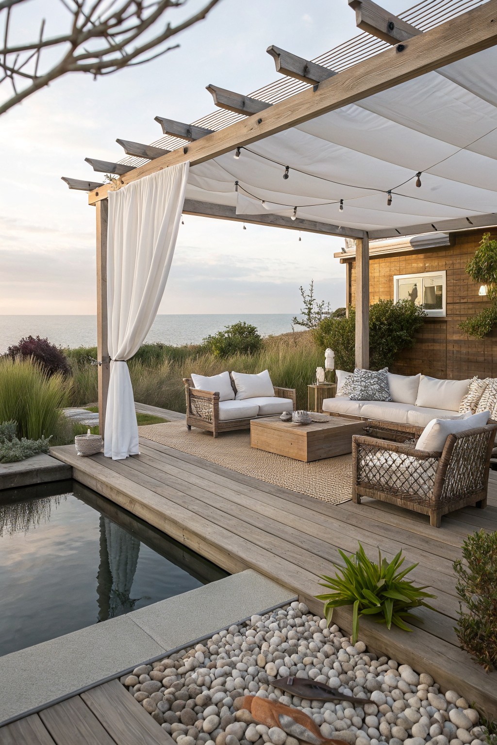 Wooden pergola with white shade sails and draped curtains over a deck patio featuring rattan lounge furniture, low coffee table, seagrass rug, and edge koi pond with pebbles, overlooking ocean and dune grasses.