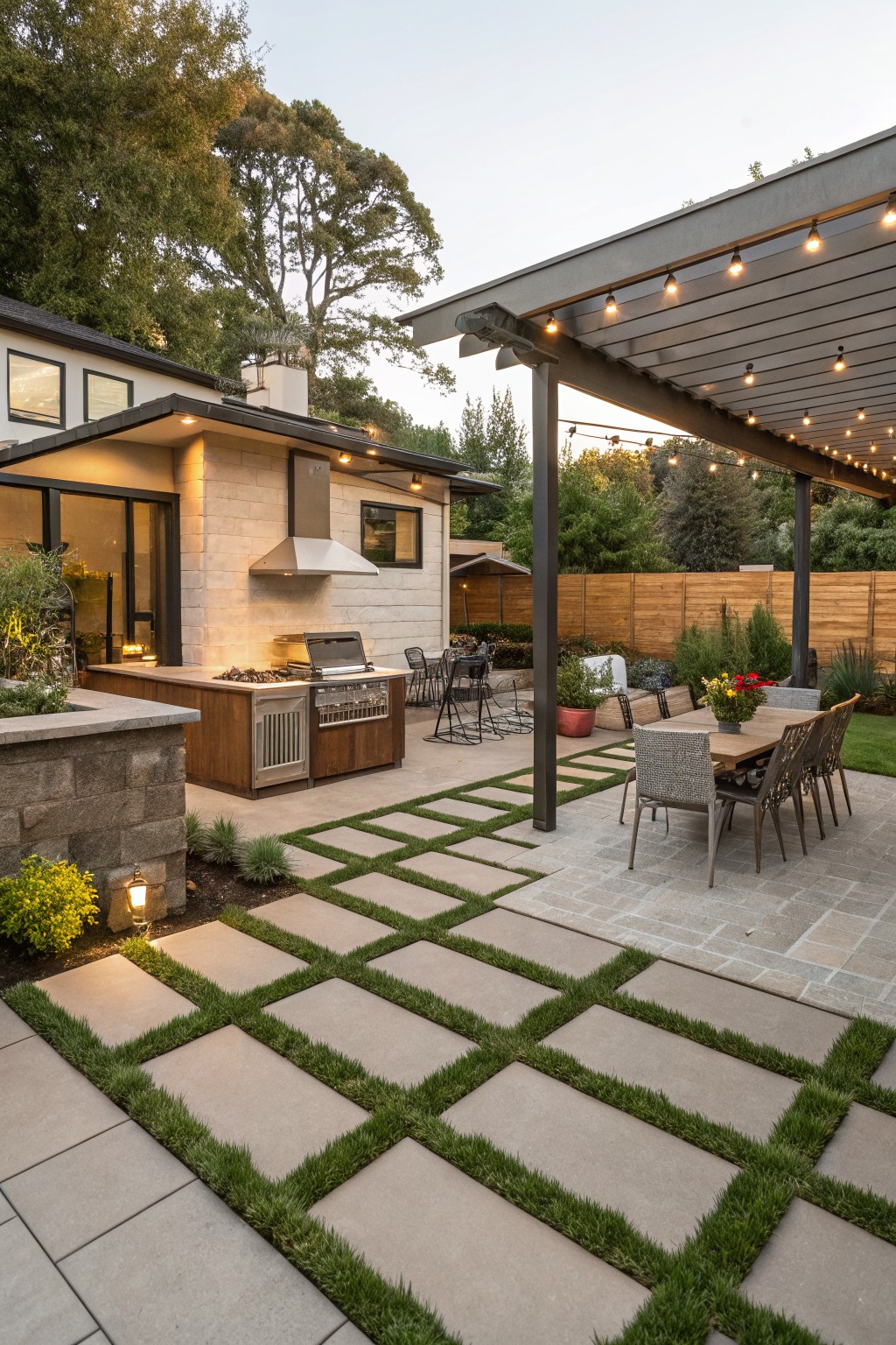 Backyard patio with built-in outdoor kitchen, wooden dining table and chairs under metal pergola with string lights, large rectangular concrete pavers in grid pattern separated by grass strips extending into lawn, and portions of modern house exterior visible.