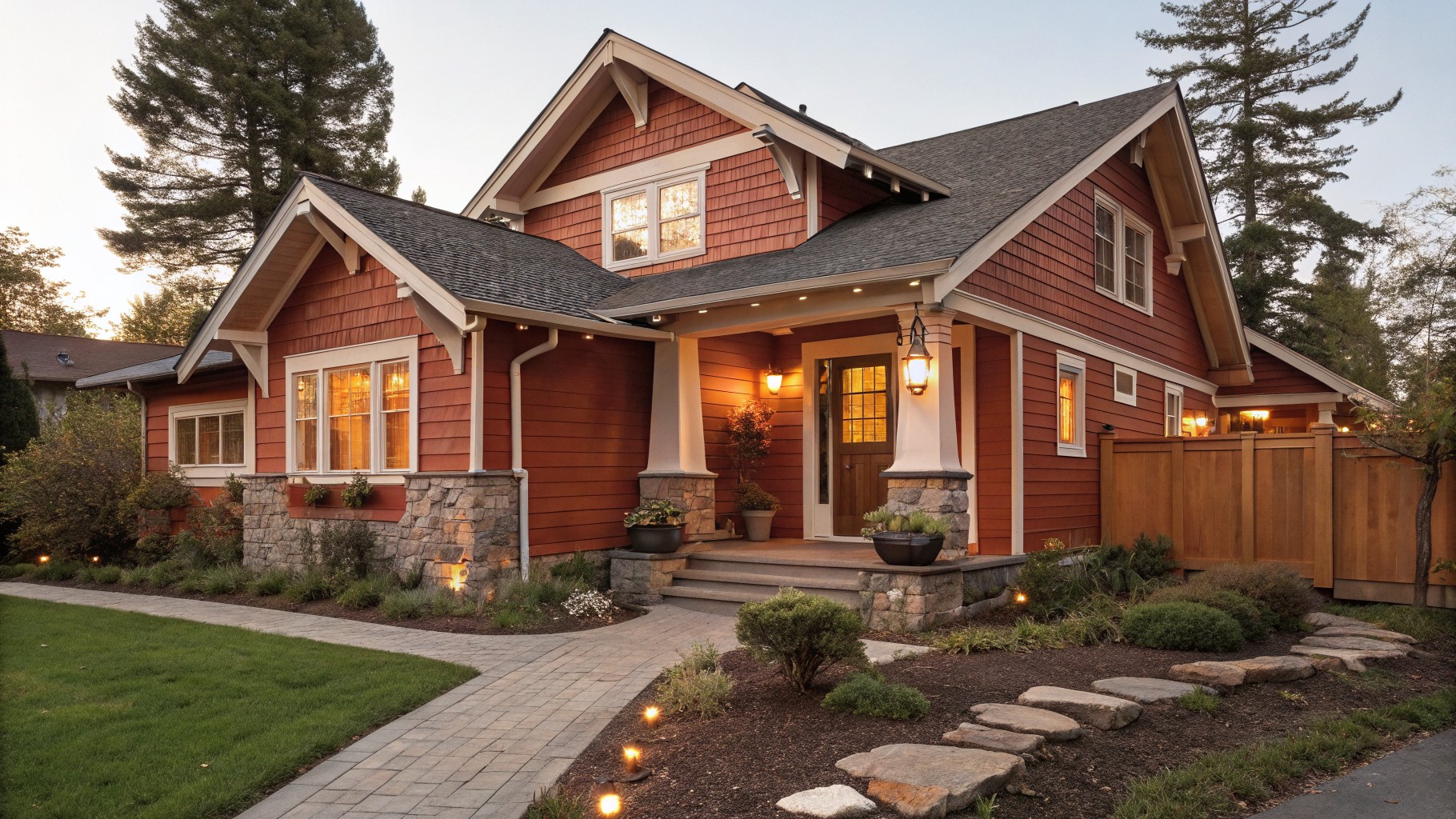 A house exterior painted in a warm red-brown siding color with stone accents.