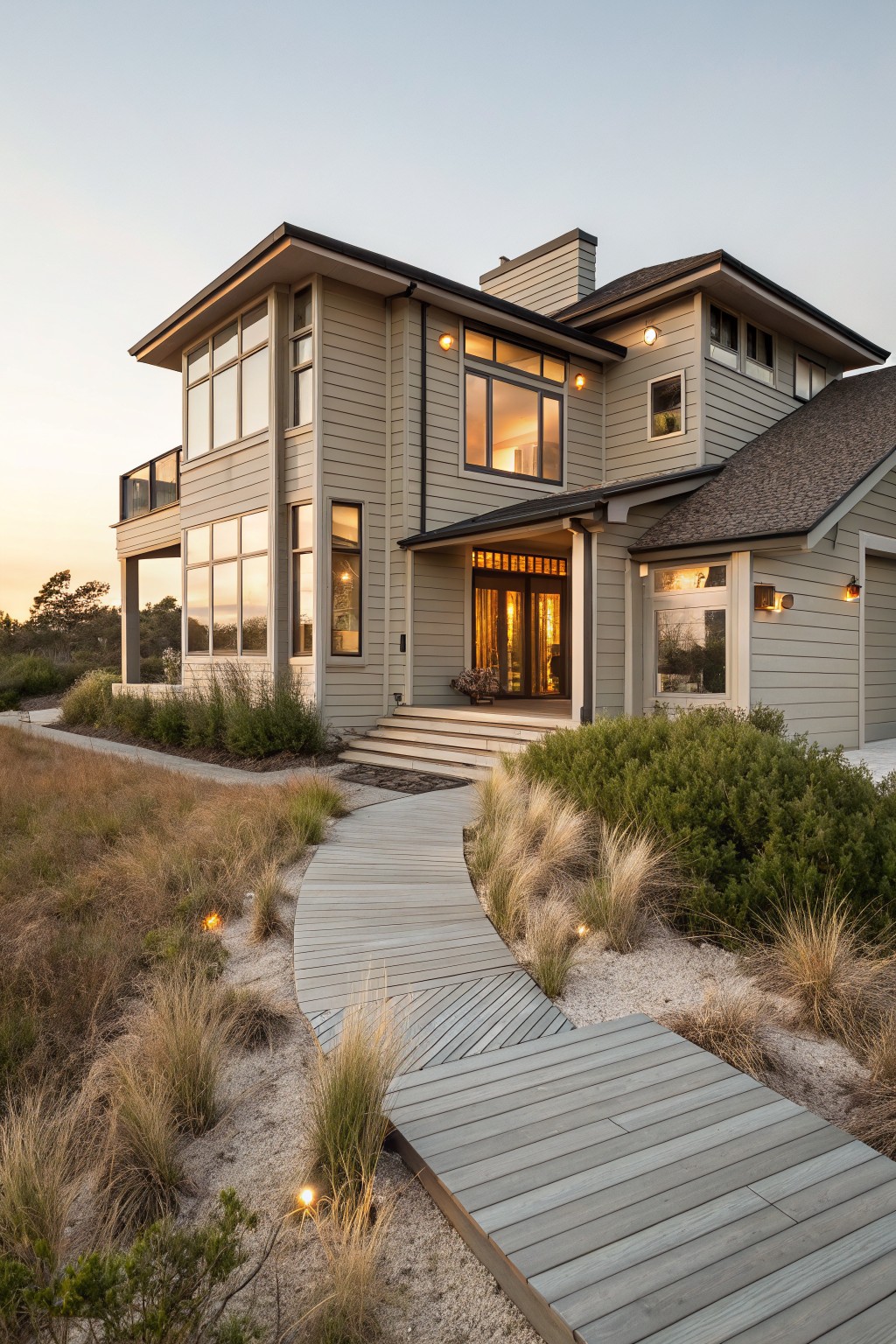 Light greige siding on a two-story house with a wooden boardwalk leading to the front steps.