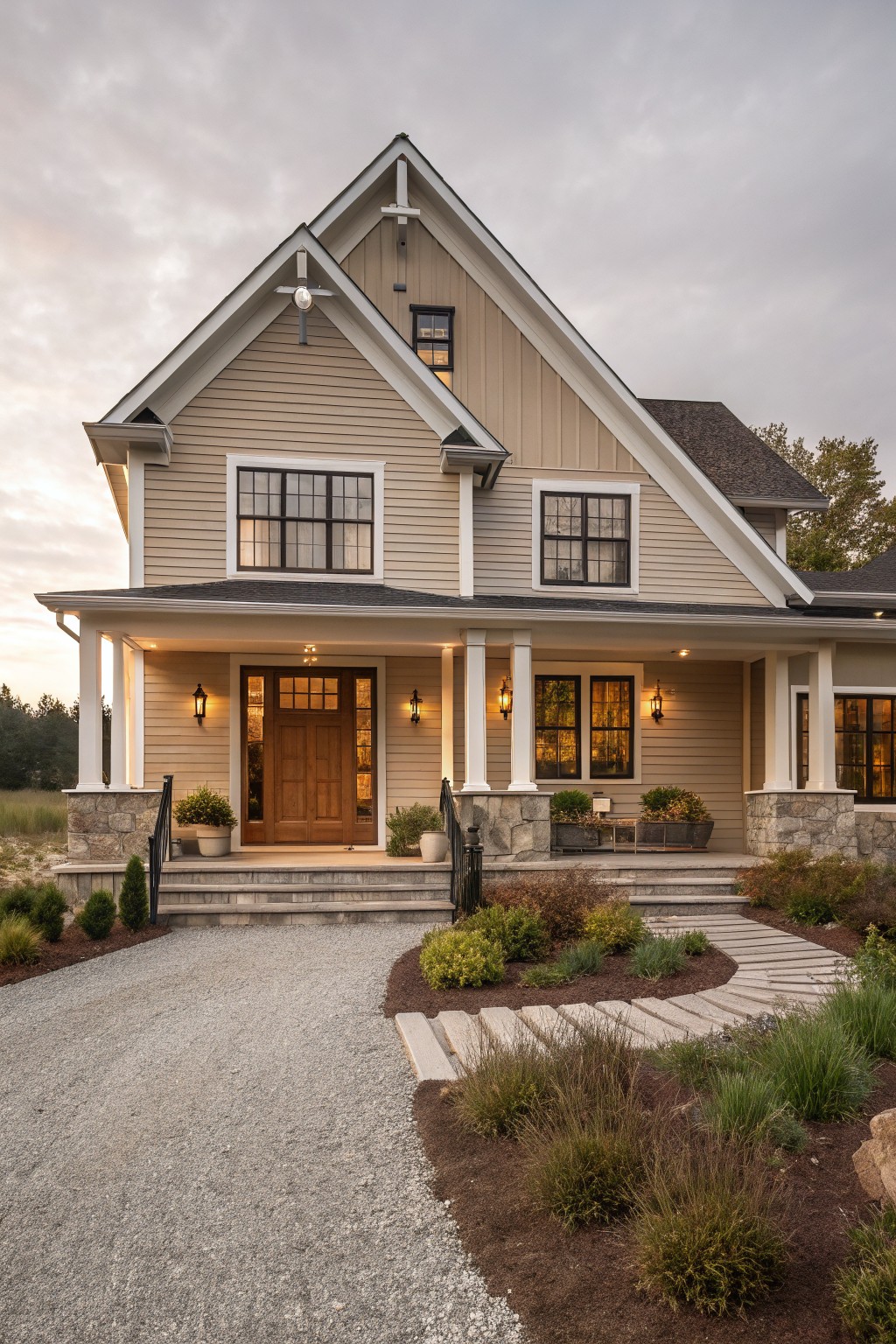A house exterior painted in soft warm greige siding with white trim.