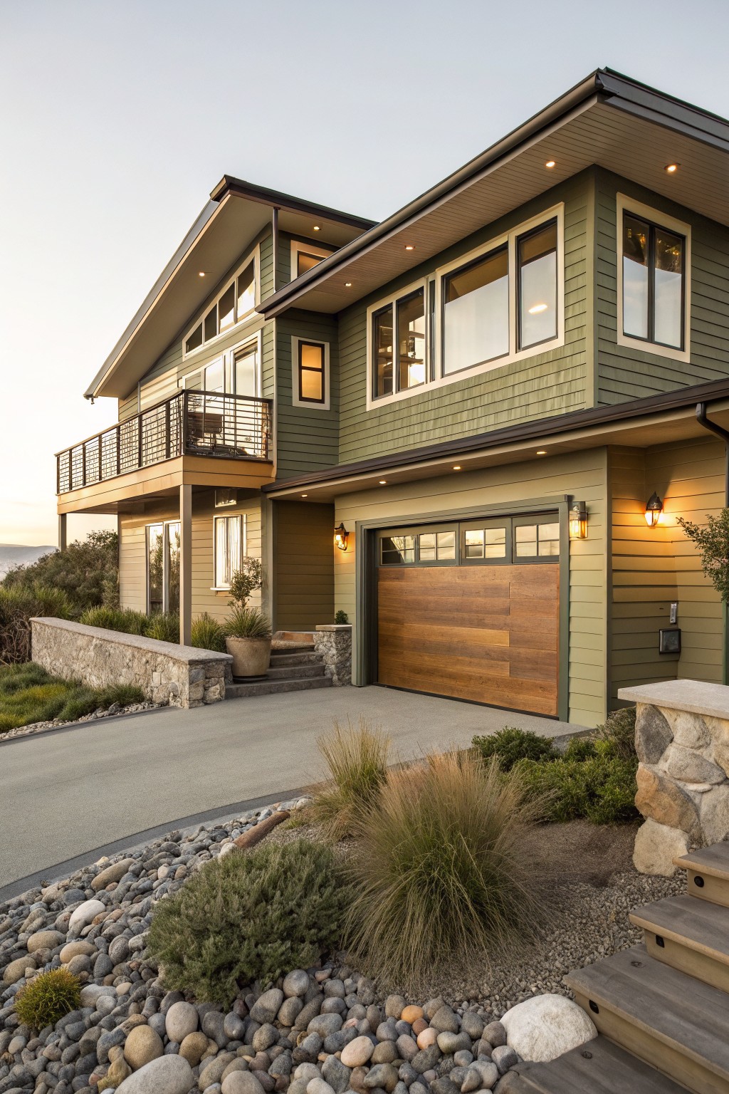 A house exterior painted in soft sage green siding with wood garage doors.