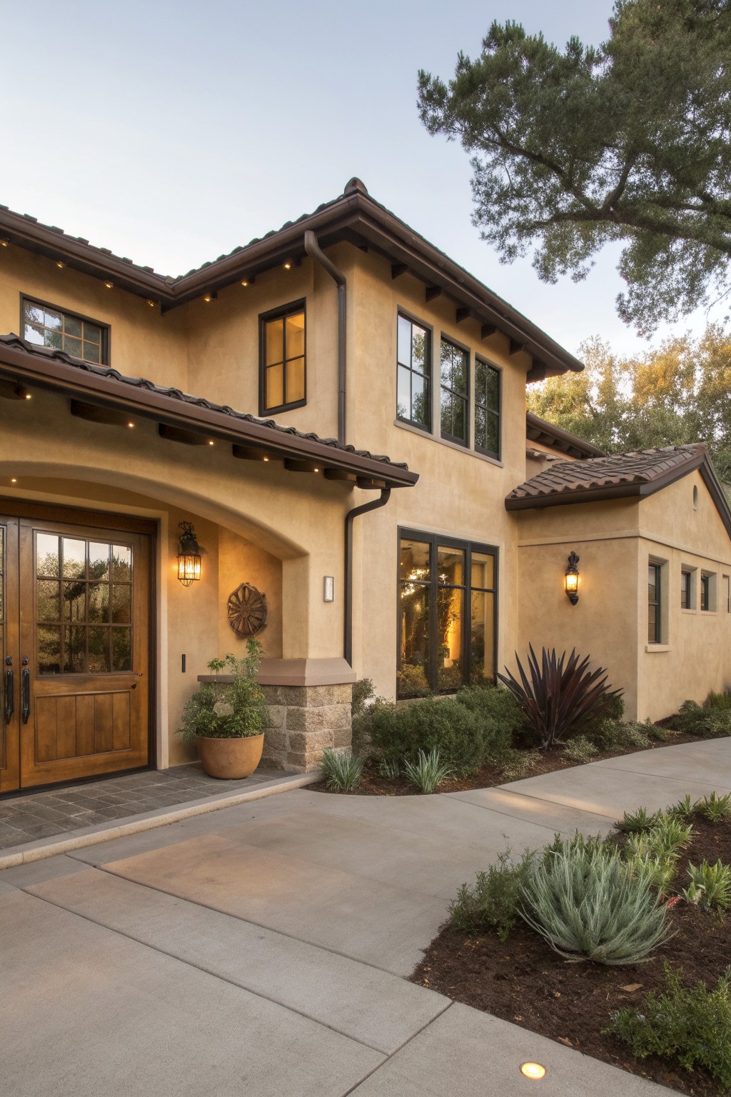 A house exterior with warm beige stucco siding and dark window trim.