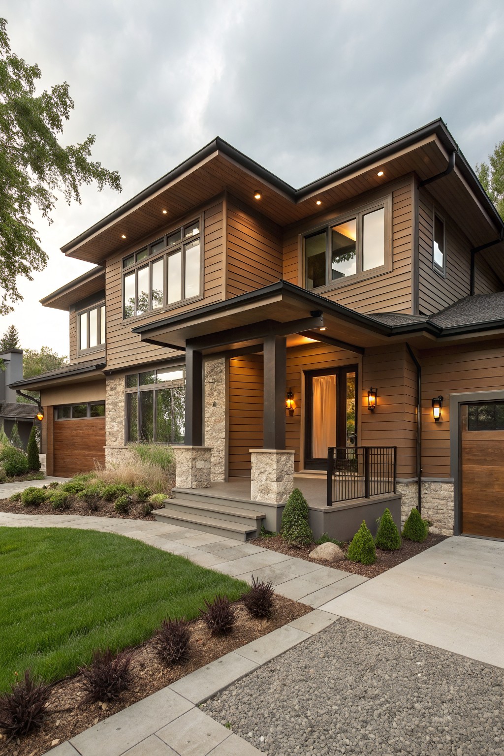 A house exterior with warm brown siding and stone accents around the entry.