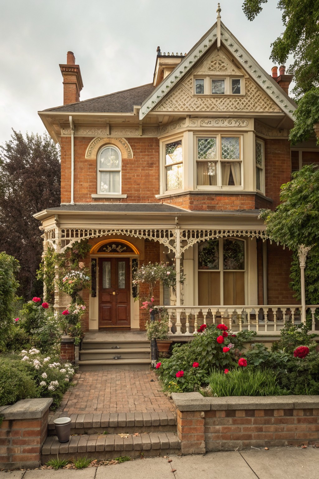 A two-story house with warm red brick walls and light trim.