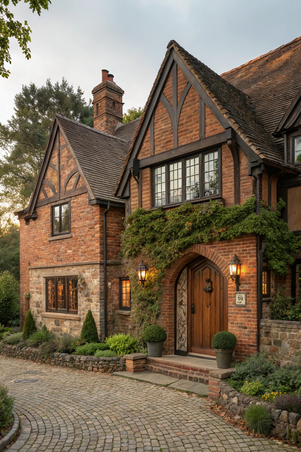 A house exterior finished in warm red brick with dark timber framing.
