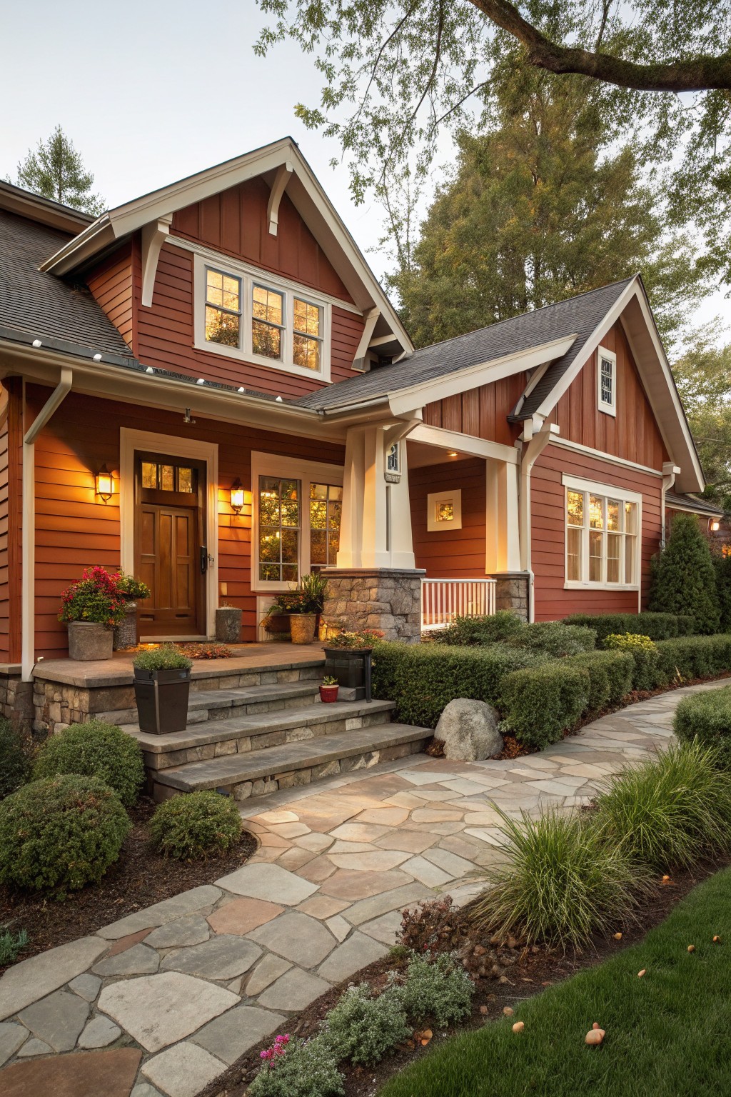 A house exterior painted in a warm red-brown siding color with stone accents.