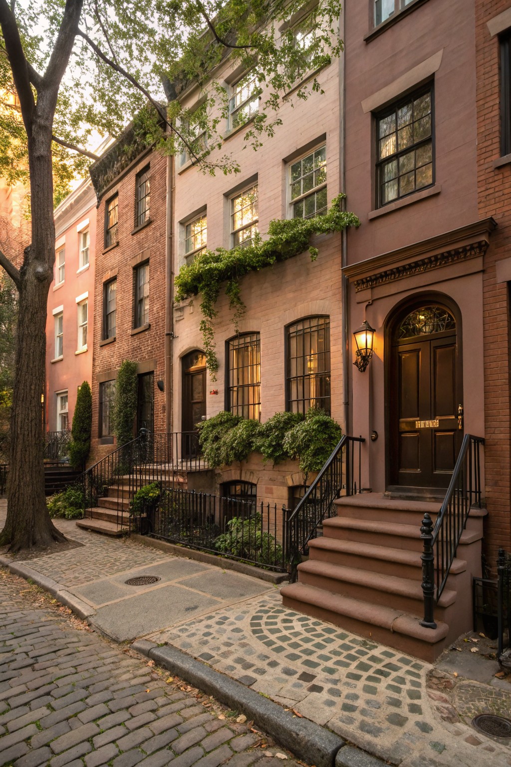 A row of homes with the main facade painted in a soft terracotta earth tone.