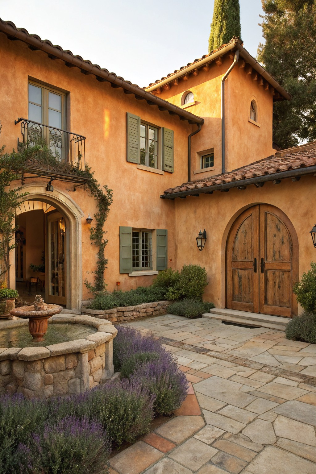 The house exterior features warm terracotta stucco walls with stone accents and wooden doors.