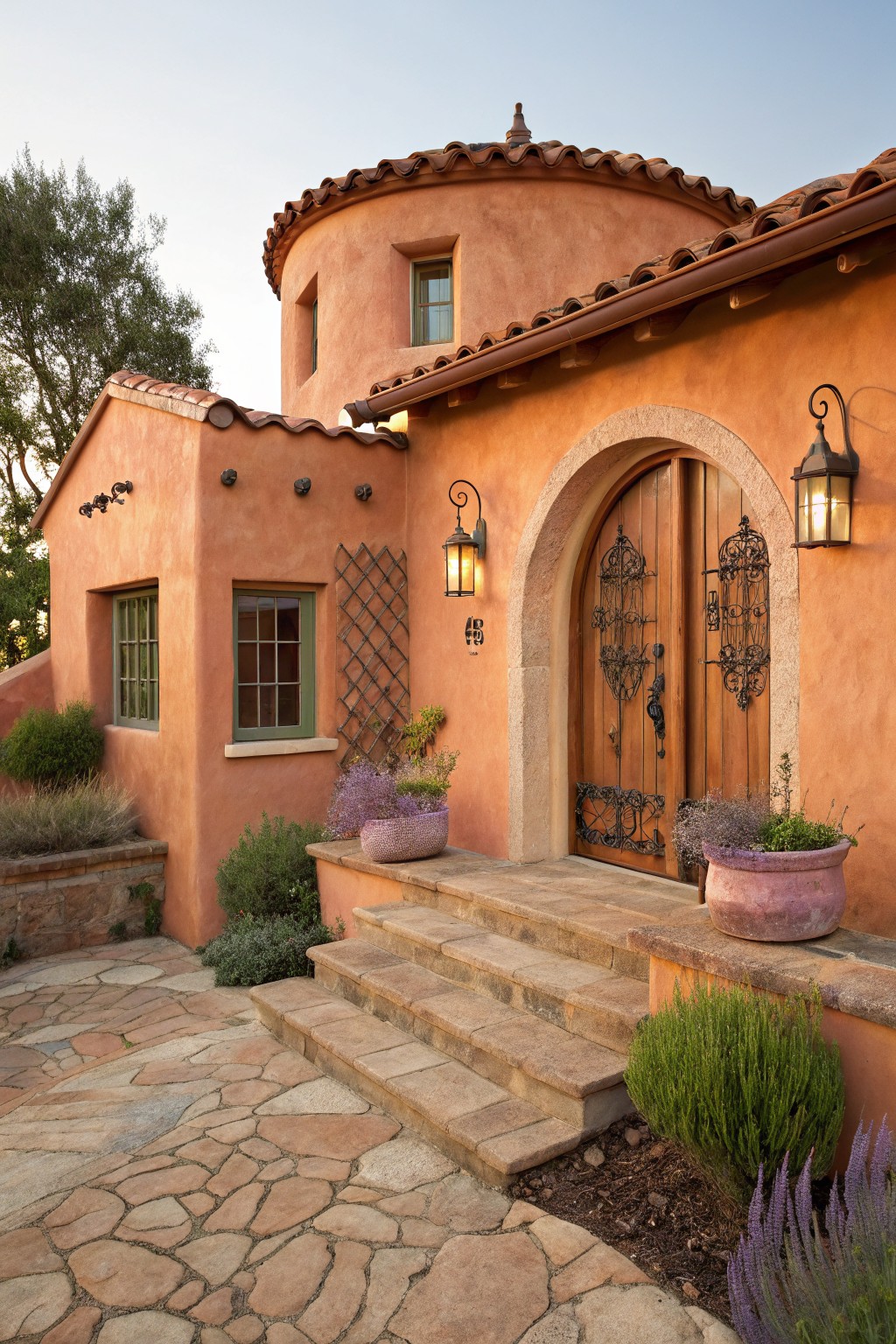 A stucco house painted in warm terracotta with an arched wooden entry.