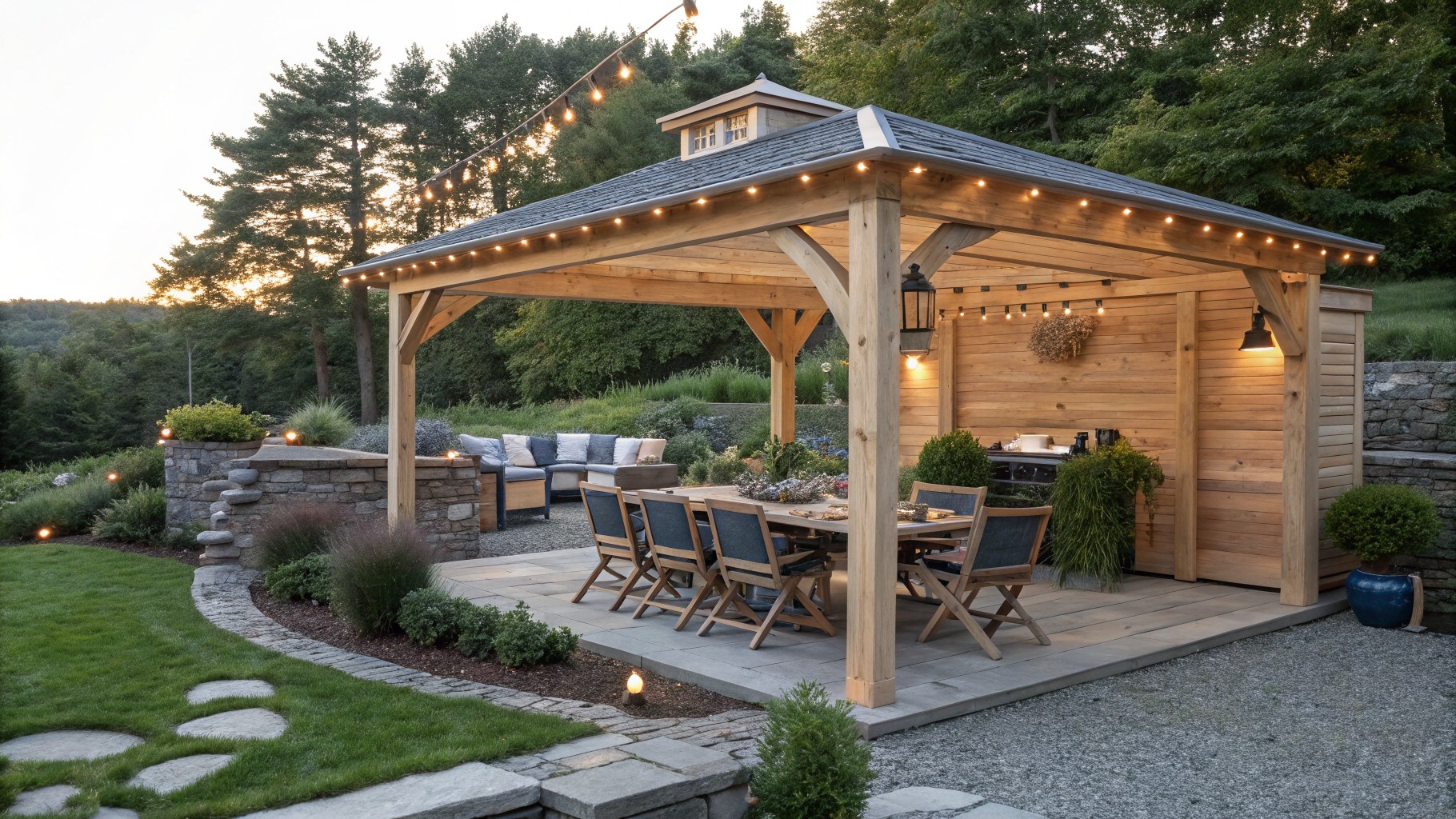 Wooden gazebo with peaked roof and string lights over a long dining table with chairs on a stone patio, surrounded by lavender plants, stone walls, and hillside greenery.