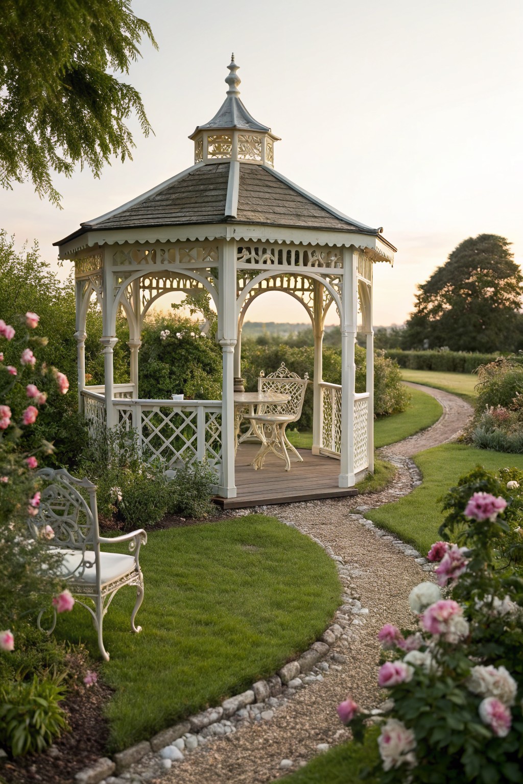 White octagonal wooden gazebo with shingled roof and lattice panels in a garden, containing a round table with two ornate metal chairs, surrounded by pink roses, shrubs, and a curving gravel path on a lawn.